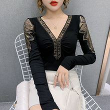 Load image into Gallery viewer, Women&#39;s T-shirts New 2021 Spring Long Sleeve Woman tshirts Fashion Sexy V-neck Hot Drilling Mujer Camisetas