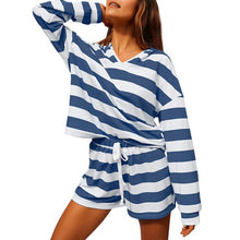 Load image into Gallery viewer, Women&#39;s Tracksuits Casual 2 Piece Shorts Sets Outfits Striped V Neck Long Sleeve Hoodie Drawstring Shorts Set Female 2021 Summer