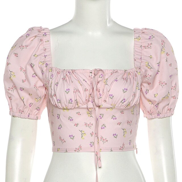 Women's Tunic Elegant Blouses and Shirts Woman Korean Floral Print Puff Sleeve Sexy Crop Top Off Shoulder Casual Ladies Blouse