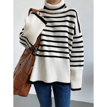 Load image into Gallery viewer, Women&#39;s Turtleneck Stripe Sweater Women Loose Lazy Outerwear Female Winter Knit Sweater Top Long Flared Sleeves Woman Pullover