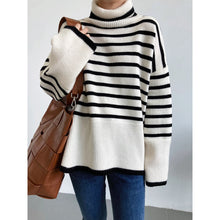 Load image into Gallery viewer, Women&#39;s Turtleneck Stripe Sweater Women Loose Lazy Outerwear Female Winter Knit Sweater Top Long Flared Sleeves Woman Pullover