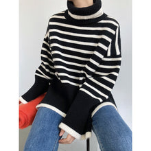 Load image into Gallery viewer, Women&#39;s Turtleneck Stripe Sweater Women Loose Lazy Outerwear Female Winter Knit Sweater Top Long Flared Sleeves Woman Pullover