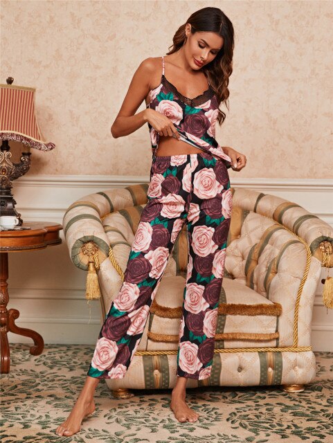 Women's Two Piece Pajamas Sexy Spaghetti Vest Pant Set Sleepwear Comfy Pyjamas Gorgeous Printed Homewear