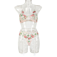 Load image into Gallery viewer, Women&#39;s Underwear Lace Lingerie Floral Embrodiery Pink Bow 3 Piece Set Sexy Lady Bra and Panty Garter Set Lenceria Sensual Mujer