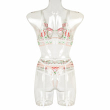 Load image into Gallery viewer, Women&#39;s Underwear Lace Lingerie Floral Embrodiery Pink Bow 3 Piece Set Sexy Lady Bra and Panty Garter Set Lenceria Sensual Mujer