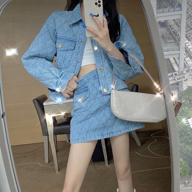 Women's Winter Fashion Casual Denim Quilted Suits Loose Jacket + High Waist Skirt Two-Piece Sets Female S-2XL