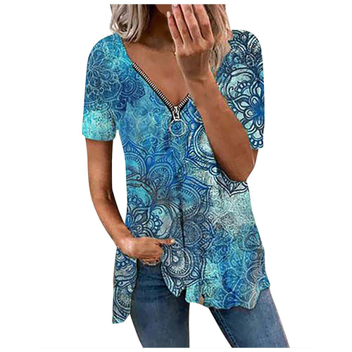 Women's Zipper Blouse Color-blocking Stitching Print Boho V-neck Short-sleeved Tee Top Summer Plus Size Elegant Casual Shirt