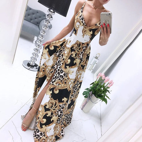 Women's leopard print V-neck sexy long dress for night party fashion slim dress