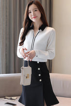 Load image into Gallery viewer, Women&#39;s long-sleeved blouses for autumn new style V-neck contrast tops Mid-length Han Fan pullover chiffon shirt