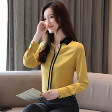 Load image into Gallery viewer, Women&#39;s long-sleeved blouses for autumn new style V-neck contrast tops Mid-length Han Fan pullover chiffon shirt