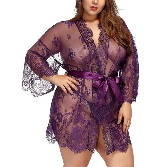 Women's robe Lace Nightie Bath Robe Hollow See-through Sleepwear Lingerie Terry robe Hot Erotic Kimono bathrobe Femme Home Suit