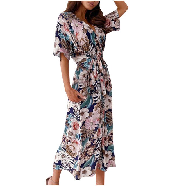 Women’s summer floral print split maxi dress ladies Fashion Short Sleeve V-Neck Beach Leisure Long Dresses платья летние лёгкие