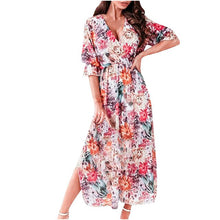 Load image into Gallery viewer, Women’s summer floral print split maxi dress ladies Fashion Short Sleeve V-Neck Beach Leisure Long Dresses платья летние лёгкие