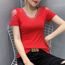 Load image into Gallery viewer, Women&#39;s tshirt New 2021 Summer Short Sleeve Mesh Tops Shirt Elegant Slim V-Neck Hot Drilling Female Tees Blusas