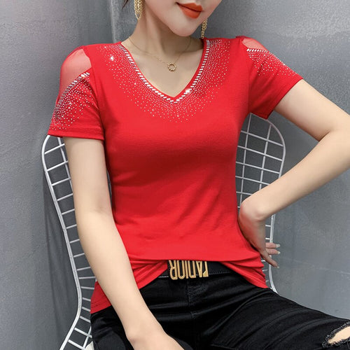 Women's tshirt New 2021 Summer Short Sleeve Mesh Tops Shirt Elegant Slim V-Neck Hot Drilling Female Tees Blusas