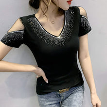 Load image into Gallery viewer, Women&#39;s tshirt New 2021 Summer Short Sleeve Mesh Tops Shirt Elegant Slim V-Neck Hot Drilling Female Tees Blusas