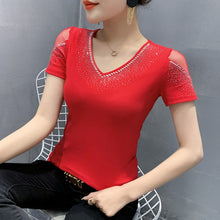 Load image into Gallery viewer, Women&#39;s tshirt New 2021 Summer Short Sleeve Mesh Tops Shirt Elegant Slim V-Neck Hot Drilling Female Tees Blusas