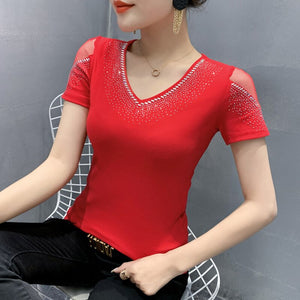 Women's tshirt New 2021 Summer Short Sleeve Mesh Tops Shirt Elegant Slim V-Neck Hot Drilling Female Tees Blusas
