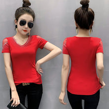 Load image into Gallery viewer, Women&#39;s tshirt New 2021 Summer Short Sleeve Mesh Tops Shirt Elegant Slim V-Neck Hot Drilling Female Tees Blusas
