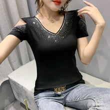 Load image into Gallery viewer, Women&#39;s tshirt New 2021 Summer Short Sleeve Mesh Tops Shirt Elegant Slim V-Neck Hot Drilling Female Tees Blusas