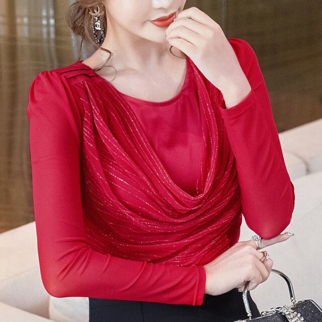 Women t-shirt New 2020 Spring long sleeve Mesh shirt Elegant slim Tops plus size women tops and shirt t-shirt