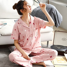 Load image into Gallery viewer, Womens 100% cotton Pajamas Sets Short Sleeve Suit Cute Large Size Lady Sleepwear Women Pijamas Suit Home Clothes Pyjama XXXL