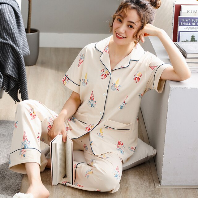 Womens 100% cotton Pajamas Sets Short Sleeve Suit Cute Large Size Lady Sleepwear Women Pijamas Suit Home Clothes Pyjama XXXL