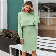Load image into Gallery viewer, Womens Autumn And Winter New Knitted Bat Sleeve Sweater + Knitted Vest Long Dress Two-Piece Loose High Neck Warm Pullover Set
