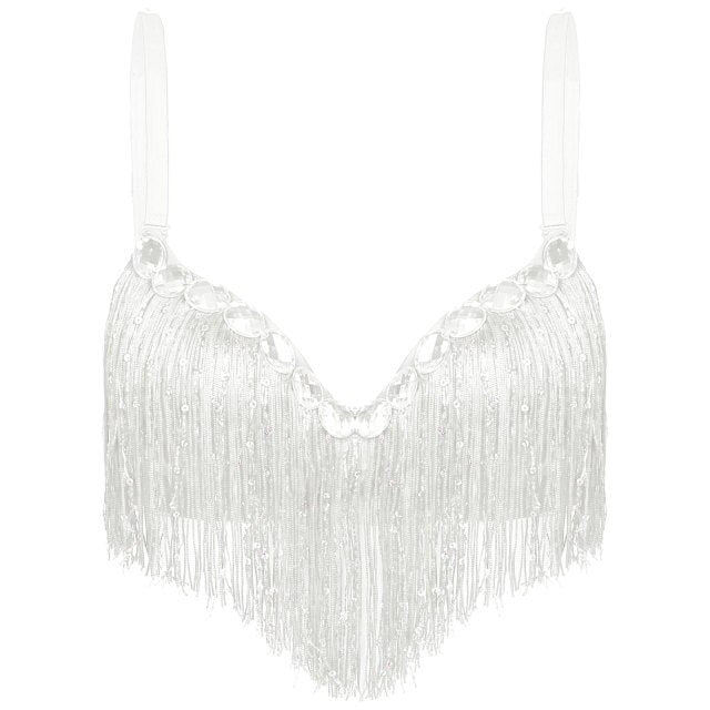 Womens Belly Dance Costume Push-Up Bra Latin Sequin Tassel Rhinestone Underwired Push-up Brassiere Tops Party Club Costume