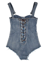 Load image into Gallery viewer, Womens Button Down Denim Jumpsuit for Pole Dancing Music Festival Rave Outfit Lace-up Back Leotard Bodysuit for Nightclub Bar