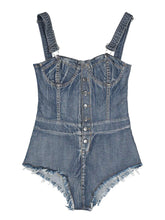 Load image into Gallery viewer, Womens Button Down Denim Jumpsuit for Pole Dancing Music Festival Rave Outfit Lace-up Back Leotard Bodysuit for Nightclub Bar