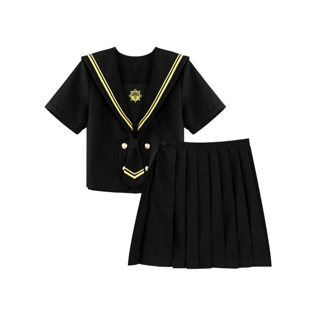 Womens Casual Schoolgirl Uniform Set Sailor Collar Shortsleeve T-shirt Top With Pleated Skirt Bow Tie Role Play Costumes Outfits