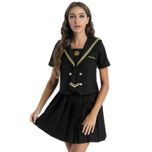 Load image into Gallery viewer, Womens Casual Schoolgirl Uniform Set Sailor Collar Shortsleeve T-shirt Top With Pleated Skirt Bow Tie Role Play Costumes Outfits