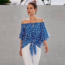 Load image into Gallery viewer, Womens Dot Printed Off The Shoulder Tops 3/4 Flared Bell Sleeve Blouses Summer Tie Knot T-Shirt Sexy Casual Blouses Tops