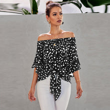 Load image into Gallery viewer, Womens Dot Printed Off The Shoulder Tops 3/4 Flared Bell Sleeve Blouses Summer Tie Knot T-Shirt Sexy Casual Blouses Tops