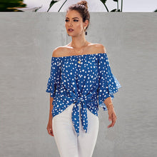 Load image into Gallery viewer, Womens Dot Printed Off The Shoulder Tops 3/4 Flared Bell Sleeve Blouses Summer Tie Knot T-Shirt Sexy Casual Blouses Tops