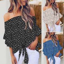 Load image into Gallery viewer, Womens Dot Printed Off The Shoulder Tops 3/4 Flared Bell Sleeve Blouses Summer Tie Knot T-Shirt Sexy Casual Blouses Tops