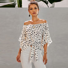 Load image into Gallery viewer, Womens Dot Printed Off The Shoulder Tops 3/4 Flared Bell Sleeve Blouses Summer Tie Knot T-Shirt Sexy Casual Blouses Tops