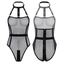 Load image into Gallery viewer, Womens Erotic Catsuit See-through Hollow Out Fishnet Bodysuit Halter Neck Zipper Back Sexy Leotard Nightclub Pole Dance Outfits