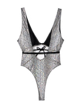 Load image into Gallery viewer, Womens Erotic Leotard Bodysuit Shiny Snakeskin Print Sleeveless Teddies Jumpsuit Removable Padded Lace-up Cutout Bodycon Catsuit