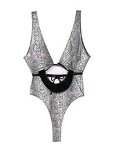 Load image into Gallery viewer, Womens Erotic Leotard Bodysuit Shiny Snakeskin Print Sleeveless Teddies Jumpsuit Removable Padded Lace-up Cutout Bodycon Catsuit
