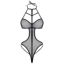 Load image into Gallery viewer, Womens Erotic Lingerie Jumpsuit Strappy Hollow Out Fishnet Bodysuit Halter Lace-up See-through Mesh Sexy Leotard Cutout Catsuit
