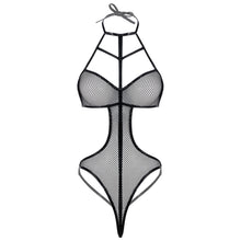 Load image into Gallery viewer, Womens Erotic Lingerie Jumpsuit Strappy Hollow Out Fishnet Bodysuit Halter Lace-up See-through Mesh Sexy Leotard Cutout Catsuit