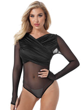 Load image into Gallery viewer, Womens Erotic Lingerie Leotard Bodycon Romper Transparent Sheer Mesh Patchwork Wrapped V Neck Long Sleeve Slim Fitted Bodysuit