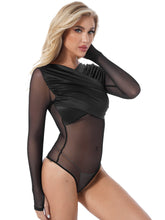 Load image into Gallery viewer, Womens Erotic Lingerie Leotard Bodycon Romper Transparent Sheer Mesh Patchwork Wrapped V Neck Long Sleeve Slim Fitted Bodysuit