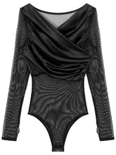 Load image into Gallery viewer, Womens Erotic Lingerie Leotard Bodycon Romper Transparent Sheer Mesh Patchwork Wrapped V Neck Long Sleeve Slim Fitted Bodysuit