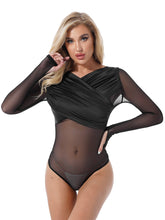 Load image into Gallery viewer, Womens Erotic Lingerie Leotard Bodycon Romper Transparent Sheer Mesh Patchwork Wrapped V Neck Long Sleeve Slim Fitted Bodysuit