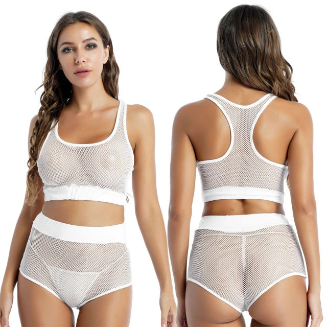 Womens Erotic Lingerie Set See-through Mesh Sleeveless Cropped Crop Top Vest with Elastic Waistband Wetlook Hot Underwear Bottom