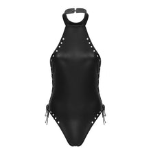 Load image into Gallery viewer, Womens Erotic Sexy Bodysuit Backless Lingerie Leotard Bodysuit Patent Leather Clubwear Halter Neck Lace-up Hollow Out Jumpsuit