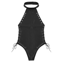 Load image into Gallery viewer, Womens Erotic Sexy Bodysuit Backless Lingerie Leotard Bodysuit Patent Leather Clubwear Halter Neck Lace-up Hollow Out Jumpsuit